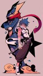  1boy absurdres black_star blue_hair blue_skin colored_skin crossed_arms greninja highres holding holding_weapon katana looking_at_viewer male_focus pokemon pokemon_(creature) scarf shirt shoes short_hair shuriken sleeveless sleeveless_shirt soul_eater spiky_hair standing sword tongue vakodraws weapon white_scarf white_shirt white_shoes 