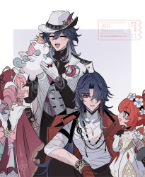  1other 2boys 2girls ashveil_(honkai:_star_rail) black_hair blade_(honkai:_star_rail) blue_eyes ca_ru_cca commentary dress flower gloves hat highres honkai:_star_rail honkai_(series) hyacine_(honkai:_star_rail) little_ica_(honkai:_star_rail) long_hair mortenax_blade_(honkai:_star_rail) multicolored_hair multiple_boys multiple_girls official_alternate_costume open_mouth pink_hair pointy_ears red_hair short_hair smile tribbie_(honkai:_star_rail) untranslatable_commentary white_dress white_hat 