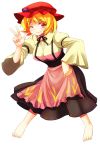  1girl aki_minoriko apron barefoot blonde_hair breasts food fruit grapes hat highres juliet_sleeves large_breasts long_sleeves mob_cap mono_(moiky) one_eye_closed puffy_sleeves red_eyes shirt skirt smile solo touhou wide_sleeves 