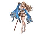  1girl arm_up armor bikini brown_eyes brown_hair catalina_(granblue_fantasy) earrings full_body granblue_fantasy jewelry long_hair minaba_hideo navel official_art short_hair simple_background swimsuit sword thigh_strap transparent_background weapon white_background white_bikini white_swimsuit 