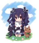  1girl animal bare_shoulders black_hair cat chibi gloves hair_ornament long_hair neptune_(series) red_eyes smile source_request tail uni_(choujigen_game_neptune) 