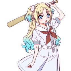  1girl arm_up baseball_bat blonde_hair blue_eyes blue_hair commentary cowboy_shot dress fang gradient_hair hasu_no_sora_school_uniform holding holding_baseball_bat light_blush long_hair looking_at_viewer love_live! love_live!_hasu_no_sora_jogakuin_school_idol_club medium_dress multicolored_hair neckerchief open_mouth osawa_rurino pleated_dress puffy_short_sleeves puffy_sleeves red_neckerchief sailor_collar sailor_dress school_uniform shinanoya_(satanicad) short_sleeves simple_background solo summer_uniform twintails virtual_youtuber white_background white_dress white_sailor_collar 