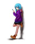  1girl :p ;p ankle_boots badge bike_shorts blue_hair blush boots button_badge candy hands_in_pockets heterochromia highres hood hoodie katsumi5o leaning lollipop long_sleeves one_eye_closed pantyhose red_eyes scarf shadow short_hair solo tatara_kogasa tongue tongue_out touhou 