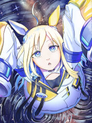  1girl absurdres ahoge animal_ears arms_up badge bandeau black_bandeau blonde_hair blue_eyes blue_hair breasts bright_pupils button_badge colored_inner_hair diamond_hair_ornament ear_covers ear_ornament hair_between_eyes hair_ornament highres horse_ears horse_girl jacket kmy6030 long_hair long_sleeves multicolored_hair neo_universe_(umamusume) neo_universe_(universe-naut)_(umamusume) ripples single_ear_cover sleeves_past_fingers sleeves_past_wrists solo two-tone_hair umamusume water white_pupils 