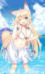  1girl animal_ears bikini blonde_hair blue_eyes bow braid breasts cleavage fox_ears fox_tail highres long_hair navel one_eye_closed open_mouth original see-through skirt sogaya solo swimsuit tail twin_braids very_long_hair water wet 