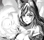  1girl ahri animal_ears arseniquez artist_name bare_shoulders breasts cleavage facial_mark fox_ears large_breasts league_of_legends long_hair monochrome multiple_tails signature solo tail upper_body whisker_markings 