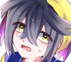  1boy black_hair colored_inner_hair commentary_request hair_between_eyes hairband highres jacket kieran_(pokemon) male_focus mole mole_on_neck multicolored_hair open_mouth pokemon pokemon_scarlet_and_violet portrait rin_(user_pmuw4757) signature simple_background solo sweat white_background yellow_eyes yellow_hairband 