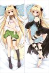  1girl black_dress black_legwear blonde_hair dakimakura detached_sleeves dress green_skirt konjiki_no_yami long_hair looking_at_viewer lying navel on_back on_side open_clothes open_shirt pink_hair red_eyes shirt skirt socks to_love-ru white_shirt 