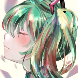  1girl aqua_hair blush closed_eyes closed_mouth commentary_request hair_between_eyes hatsune_miku highres multicolored_hair profile red_hair sawararado solo streaked_hair twintails u_u vocaloid 