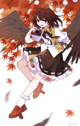  1girl absurdres autumn_leaves bird_wings black_bow black_bowtie black_skirt black_wings bow bowtie brown_hair camera collared_shirt commentary falling_leaves feathered_wings full_body geta hat highres holding holding_camera leaf looking_at_viewer maple_leaf medium_hair pom_pom_(clothes) puffy_short_sleeves puffy_sleeves red_eyes red_hat red_shoes ribbon-trimmed_skirt ribbon_trim shameimaru_aya shirt shoes short_sleeves skirt socks solo tengu-geta tokin_hat touhou untranslatable_commentary white_shirt white_socks wings yutsuko 