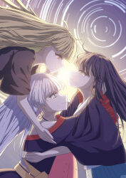  3girls absurdres black_hair black_shirt blonde_hair blue_eyes blue_kimono blue_skirt brown_eyes cho_kaguya-hime! closed_mouth commentary green_eyes highres japanese_clothes kaguya_(cho_kaguya-hime!) kimono long_hair long_sleeves mole mole_under_eye multiple_girls off_shoulder pelt runami_yachiyo sailor_collar sakayori_iroha school_uniform serafuku shirt skirt star_trail thereaakari white_hair white_sailor_collar yuri 