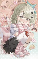  >_< 3girls aria_(human)_(zenless_zone_zero) aria_(zenless_zone_zero) arm_warmers bag bandaid bandaid_hair_ornament black_hair black_skirt blue_background blush closed_eyes closed_mouth fang fur-trimmed_skirt fur_trim geumxxi green_eyes green_hair hair_ornament hairclip hands_on_own_cheeks hands_on_own_face heart heart_hair_ornament highres leg_warmers looking_at_viewer multiple_girls multiple_hairclips nangong_yu necktie open_mouth pink_arm_warmers pink_background pink_bag pink_hair pink_leg_warmers pink_nails pink_shoes red_necktie shirt shoes skin_fang skirt smile solo_focus squatting striped_arm_warmers striped_leg_warmers sunna_(zenless_zone_zero) tearing_up two-tone_background white_shirt winged_bag zenless_zone_zero 
