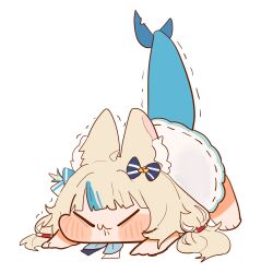  1girl absurdres animal_ear_fluff animal_ears barefoot blonde_hair blunt_bangs blush_stickers bow cat_ears chibi closed_eyes closed_mouth commentary dress fins fish_girl fish_tail full_body hair_bow highres indie_virtual_youtuber long_hair nyangjog puffing_up sameko_saba shark_tail simple_background solo tail tail_raised top-down_bottom-up trembling untranslatable_commentary virtual_youtuber white_background white_dress 