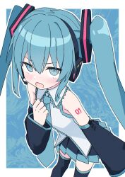  1girl @_@ aqua_eyes aqua_hair aqua_necktie aqua_trim black_skirt black_sleeves black_thighhighs blue_background blush border breasts collared_shirt commentary_request detached_sleeves frilled_shirt frills from_above hair_between_eyes hair_ornament hand_on_own_chest hatsune_miku headphones headset highres kaie long_hair long_sleeves looking_at_viewer looking_up miniskirt necktie number_tattoo open_mouth outline pleated_skirt shirt shoulder_tattoo simple_background skirt sleeveless sleeveless_shirt small_breasts solo tattoo thigh-highs twintails untucked_shirt very_long_hair vocaloid white_border white_outline white_shirt zettai_ryouiki 
