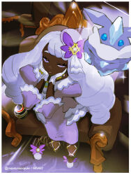 1girl armchair border carbink chair commentary dark-skinned_female dark_skin dress eyelashes fishnet_pantyhose fishnets gloves grey_hair hands_up highres indoors jacinthe_(pokemon) long_hair luxury_ball mayotsunamayo pantyhose poke_ball pokemon pokemon_(creature) pokemon_legends:_z-a puffy_sleeves purple_dress shoes sitting sparkle tilted_headwear twintails violet_eyes white_border white_gloves 