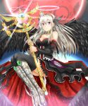  1girl black_legwear breasts cleavage detached_sleeves hair_ornament highres holding_weapon isshiki_(ffmania7) jewelry long_hair moon necklace original silver_hair smile solo staff thigh-highs violet_eyes 