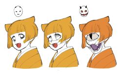  1girl :d angry_scarfy blunt_bangs blunt_ends colored_tongue commentary_request cyclops dancho_no_mori fang fangs highres japanese_clothes kimono kirby_(series) monster_girl one-eyed open_mouth orange_hair orange_kimono personification purple_tongue rolling_eyes scarfy sharp_teeth short_hair simple_background slit_pupils smile teeth white_background 