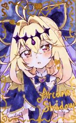 1girl antenna_hair black_bow black_capelet blonde_hair border bow brooch capelet cure_arcana_shadow diamond_hairband frilled_capelet frills gradient_hair hair_intakes heart heart_brooch highres inset_border jewelry long_hair looking_at_viewer magical_girl marker_(medium) meitantei_precure! moria_luluka multicolored_hair ornate_border precure purple_veil solo traditional_media user_wxnz5735 veil violet_eyes 