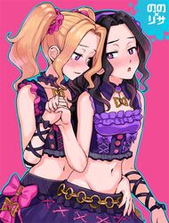  2girls aikatsu! belt black_hair blonde_hair blush daichi_nono groin hairband holding_hands long_hair midriff mole mole_under_eye multiple_girls navel pink_background scrunchie shirakaba_risa simple_background skirt smile twintails violet_eyes yoban 