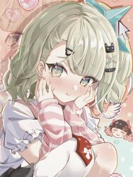  1girl arm_warmers bag black_hair blush closed_mouth colored_inner_hair geumxxi green_eyes green_hair hair_ornament hairclip hands_on_own_cheeks hands_on_own_face highres looking_at_viewer multicolored_hair nangong_yu necktie pink_arm_warmers pink_hair pout red_necktie shirt striped_arm_warmers sunna_(zenless_zone_zero) tearing_up white_shirt zenless_zone_zero 