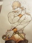  1boy abs blonde_hair cowboy_shot dio_brando earrings gears jewelry jojo_no_kimyou_na_bouken lipstick makeup male_focus muscle nail_polish orange_eyes photo pose purple_nails scar shirtless sketch solo tazawa_(odamura) traditional_media wrist_cuffs yellow_lipstick 