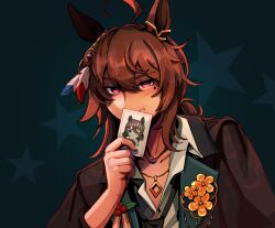 1girl animal_ears brown_hair brown_jacket card chain cutie_(umamusume) ear_covers facial_mark flower_ornament highres holding holding_card horse_ears horse_girl jacket jewelry mistletoe nakayama_festa_(festival_game)_(umamusume) nakayama_festa_(umamusume) necklace pink_eyes playing_card sappy_sprout single_ear_cover smile solo solo_focus star_(symbol) star_facial_mark umamusume 