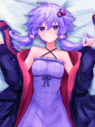  1girl absurdres ahoge animal_hood bare_shoulders breasts closed_mouth dress highres hood hood_down hooded_jacket hoodie jacket looking_at_viewer lucky_m7 lying on_back on_bed open_clothes open_hoodie purple_dress purple_hair rabbit_hood short_hair_with_long_locks small_breasts violet_eyes vocaloid voiceroid yuzuki_yukari 