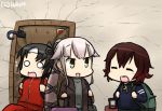  3girls alternate_costume backpack bag brown_hair commentary cracked_wall crescent dated hachimaki hair_ribbon hamu_koutarou headband kantai_collection long_hair multiple_girls mutsuki_(kantai_collection) nagara_(kantai_collection) pink_hair ponytail ribbon track_suit umbrella very_long_hair yura_(kantai_collection) 