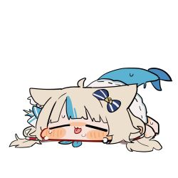  1girl absurdres animal_ear_fluff animal_ears blonde_hair blush_stickers bow cat_ears chibi closed_eyes commentary dress fins fish_girl fish_tail full_body hair_bow highres hot indie_virtual_youtuber long_hair lying nyangjog on_stomach sameko_saba shark_tail simple_background solo sweat tail tongue tongue_out untranslatable_commentary virtual_youtuber white_background white_dress 