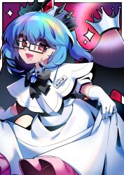  1girl alternate_costume bat_wings bespectacled black-framed_eyewear black_bow black_bowtie blue_hair bow bowtie brooch capelet commentary_request commission crown dress eyes_visible_through_hair fang glasses gloves hair_between_eyes highres holding_own_dress jewelry kujou_mikuru long_hair looking_at_viewer name_tag open_mouth pixiv_commission red_eyes remilia_scarlet remilia_scarlet_(tiny_devil_mistress) skin_fang smile solo tiara touhou touhou_lostword white_capelet white_dress white_gloves wing_ornament wings 