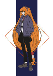  1girl 58meurishy absurdres beads black_pants black_skirt black_vest blue_background blue_hoodie border brown_hairband collared_shirt commentary cropped_vest diamond_(shape) diamond_border freckles full_body green_eyes grey_shoes hair_beads hair_ornament hairband hands_in_pockets highres hood hoodie id_card ishmael_(project_moon) lcd_(identity)_(project_moon) limbus_company long_hair looking_at_viewer necktie orange_hair pants pants_under_skirt pillarboxed project_moon red_border red_necktie shirt shoes sidelocks skirt socks solo untranslatable_commentary untucked_shirt very_long_hair vest white_background white_border white_shirt white_socks 