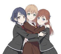  3girls black_jacket black_skirt blazer blue_eyes blue_hair bow bowtie braid closed_mouth collared_shirt commentary cowboy_shot dress girl_sandwich green_eyes group_hug hair_bow hair_ornament highres hinoshita_kaho hug jacket kinjo_maika kurumibashi_school_uniform light_frown long_hair looking_at_viewer love_live! love_live!_hasu_no_sora_jogakuin_school_idol_club love_live!_hasu_no_sora_jogakuin_school_idol_club_bloom_garden_party love_love_comedy medium_hair multiple_girls neckerchief orange_eyes orange_hair pleated_dress pleated_skirt red_bow red_bowtie red_hair red_neckerchief reisawa_aoi sailor_collar sandwiched school_uniform shirt short_hair side_braid simple_background skirt smile split_mouth untranslatable_commentary white_background white_sailor_collar white_shirt yellow_bow 