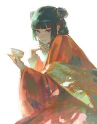  1girl absurdres blue_eyes blunt_bangs commentary cup double_bun earrings freckles from_side green_hair hair_bun highres holding holding_cup japanese_clothes jewelry kimono kusuriya_no_hitorigoto long_hair looking_at_viewer maomao_(kusuriya_no_hitorigoto) red_kimono simple_background solo tenriblu upper_body white_background 