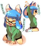  1girl animal_ears artist_request bangs blue_hair blush cat_ears fangs inkling open_mouth orange_eyes pointy_ears simple_background sitting solo splatoon tentacle_hair translation_request wariza white_background 