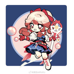  1girl :d arknights blue_background blue_dress boots bow chibi chibi_only commentary dress earrings full_body gloves hair_bow haruka_(arknights) holding holding_staff jacket jewelry long_hair looking_at_viewer momoiro_miruku open_mouth orange_hair pink_hair pointy_ears red_bow red_gloves short_sleeves smile soap_bubbles solo staff standing standing_on_one_leg untranslatable_commentary watermark weibo_watermark white_boots white_jacket 