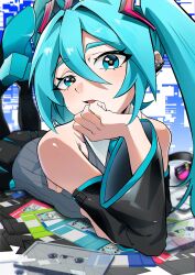  1girl aqua_eyes aqua_hair aqua_nails aqua_necktie aqua_trim armpit_crease blush collared_shirt commentary_request detached_sleeves grey_shirt hair_between_eyes hair_ornament hand_on_own_chin hatsune_miku hatsune_miku_(vocaloid6) headset highres long_hair long_sleeves looking_at_viewer lying necktie on_stomach open_mouth shirt sleeveless sleeveless_shirt smile soles solo tukidamaru twintails very_long_hair vocaloid wide_sleeves 