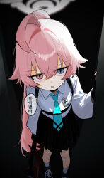  1girl abydos_high_school_logo ahoge axe bags_under_eyes black_background black_skirt blood blood_on_ground blood_on_weapon blood_trail blue_archive blue_necktie blurry commentary_request depth_of_field empty_eyes from_above halo hand_on_wall heterochromia holding holding_axe hoshino_(blue_archive) huge_ahoge jitome looking_at_viewer momokuroguro necktie parted_lips pink_hair pink_halo sanpaku shirt sidelighting skirt solo speech_bubble v-shaped_eyebrows weapon white_shirt yandere 