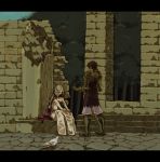  1boy 1girl armor artist_request bird blonde_hair breasts brown_hair building cape delita_heiral dress final_fantasy final_fantasy_tactics gloves knight long_hair outdoors ovelia_atkascha pigeon ruins sitting tagme tree 