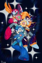  3boys absurdres aiming aiming_at_viewer android arm_cannon armor assault_visor bass_(mega_man) black_armor black_helmet blue_armor blue_bodysuit blue_eyes blue_helmet bodysuit chest_jewel city_lights cityscape clenched_teeth closed_mouth commentary facial_mark forehead_jewel full_body glint grey_bodysuit helmet highres jewelry looking_at_viewer male_focus mega_man_(character) mega_man_(classic) mega_man_(series) multiple_boys open_mouth parted_lips proto_man red_armor red_eyes red_helmet robot robot_ears scarf sharp_teeth shield shoulder_armor shyu_1014 siblings standing sunglasses teeth untranslatable_commentary upper_teeth_only weapon yellow_scarf 