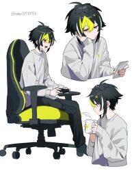  1boy alternate_costume black_hair black_pants black_socks blonde_hair cellphone chair commentary controller cropped_torso cup frown full_body game_controller gaming_chair grey_shirt head_rest highres holding holding_controller holding_cup holding_game_controller holding_phone inami_rai long_sleeves looking_down looking_to_the_side male_focus multicolored_hair nana72710193 nijisanji no_shoes open_mouth pants phone puff_of_air reading red_eyes shirt short_hair sidelocks simple_background smile socks streaked_hair swivel_chair twitter_username virtual_youtuber white_background white_hair 