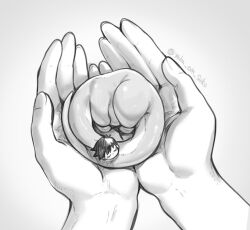  1boy animal antenna_hair closed_eyes commentary_request cupping_hands dinosaur echigoya_takeru fingernails grey_background greyscale hatching_(texture) herosaurus_(omori) monochrome omori omori_(omori) own_hands_together pov pov_hands short_hair simple_background swept_bangs twitter_username u_u very_short_hair 