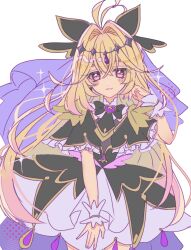  adjusting_hair antenna_hair black_capelet black_dress blonde_hair brooch capelet commentary cure_arcana_shadow diamond_hairband dress earrings frilled_cuffs gradient_hair hair_intakes heart heart_brooch highres jewelry long_hair looking_at_viewer magical_girl meitantei_precure! moria_luluka multicolored_hair nail_polish parted_lips pink_eyes pink_hair po-chan310 precure purple_veil purple_wrist_cuffs smile veil very_long_hair wrist_cuffs 