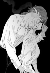  2girls absurdres blush cigarette greyscale gundam gundam_suisei_no_majo hand_on_another's_waist highres holding holding_cigarette long_hair miorine_rembran monochrome multiple_girls shirt short_hair smoking snapagi suletta_mercury yuri 
