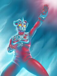  1boy absurdres alien bracelet chest_guard color_timer colored_skin commentary_request emblem forehead_jewel from_below giant highres jewelry multicolored_skin outstretched_arm red_skin silver_skin solo tokusatsu ultra_series ultraman_leo ultraman_leo_(series) yellow_eyes yoshifuto 