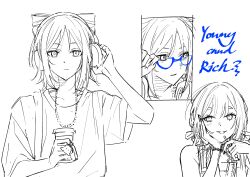  2girls cho_kaguya-hime! cone_hair_bun drinking_straw glasses greyscale hair_bun head_rest headphones highres jewelry monochrome multiple_girls necklace runami_yachiyo sakayori_iroha shirt simple_background sleepdeadme spot_color upper_body white_background 