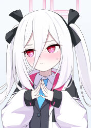  1girl :/ absurdres alternate_hairstyle averting_eyes black_bow blazer blue_archive blue_necktie blush bow closed_mouth collared_shirt commentary dot_nose double-parted_bangs dress_shirt embarrassed english_commentary hair_between_eyes hair_bow halo hands_up highres jacket kei_(blue_archive) kei_(student)_(blue_archive) long_hair long_hair_between_eyes long_sleeves looking_to_the_side loosely_tucked_bangs necktie negi_0712 open_clothes open_jacket own_hands_together pink_eyes pink_halo pink_jacket pink_pupils rectangular_halo ringed_eyes shirt simple_background small_sweatdrop solo steepled_fingers twintails two-sided_fabric two-sided_jacket upper_body white_background white_hair white_jacket white_shirt 