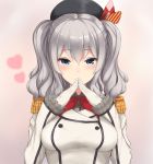  1girl blue_eyes blush breasts epaulettes fingers_together gloves hair_between_eyes highres kantai_collection kashima_(kantai_collection) monoku silver_hair smile solo white_gloves 