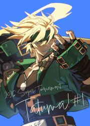  1boy absurdres arms_up belt belt_buckle black_shirt blonde_hair blue_background blue_eyes buckle commentary_request cowboy_shot cropped_jacket english_text fingerless_gloves floating_hair gloves green_jacket grin guilty_gear guilty_gear_strive highres holding holding_weapon jacket korean_commentary lapels long_hair male_focus mongdi_99 notched_lapels official_alternate_color official_alternate_hair_color over_shoulder shirt smile sol_badguy solo sword sword_over_shoulder weapon weapon_over_shoulder 