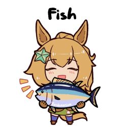  1girl animal_ears bandeau blonde_hair brown_gloves closed_eyes fish gloves green_bandeau green_skirt hair_ornament highres horse_ears horse_girl horse_tail pandamon00 ponytail simple_background skirt solo star_(symbol) star_hair_ornament taiki_shuttle_(umamusume) tail umamusume 