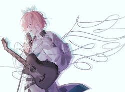  1boy acoustic_guitar audio_cable cable coat drop_shadow from_side guitar halo highres holostars instrument jewelry long_sleeves male_focus microphone microphone_stand official_alternate_costume open_mouth pink_hair rikka_(7th_costume)_(holostars) rikka_(holostars) ring short_hair sleeves_past_wrists solo upper_body virtual_graduation_commemoration virtual_youtuber white_coat white_halo yunomi_onlyy 